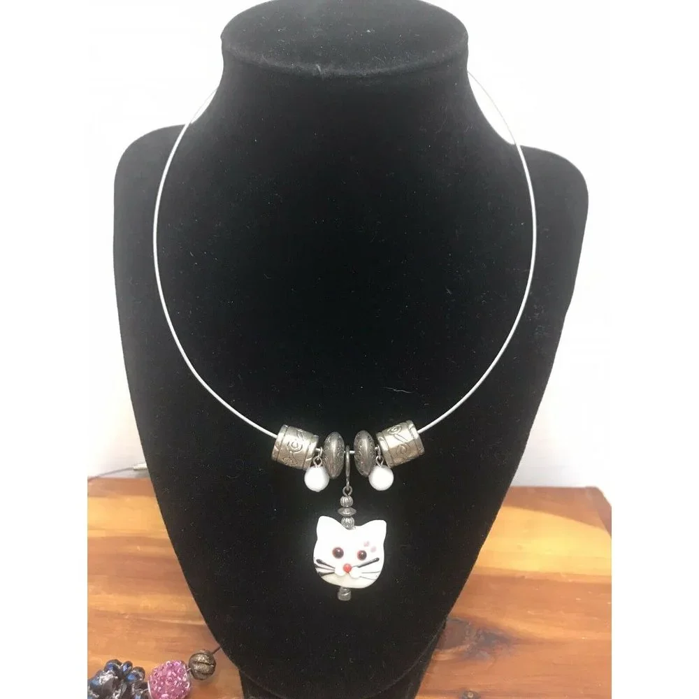 Unique Bundle Of 4 Wire Cuff Necklaces‎ Choker Beaded Cat Glass Silver-tone